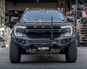 bull bar, front bar, front bumper bar, supreme x-series front bar for Ford Next GEN Everest with light bar, cube lights, indicator, fog lights, bash plate, recovery points, winch compatible full bumper replacement