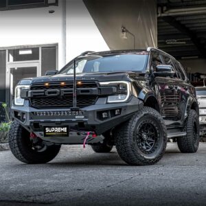 bull bar, front bar, front bumper bar, supreme x-series front bar for Ford Next GEN Everest with light bar, cube lights, indicator, fog lights, bash plate, recovery points, winch compatible full bumper replacement