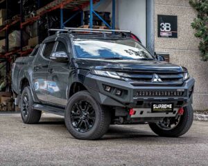 triton bull bar, front bar, front bumper bar, supreme x-series front bar for Mitsubishi Triton MR with light bar, cube lights, indicator, fog lights, bash plate, recovery points, winch compatible full bumper replacement with colour coded