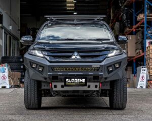 triton bull bar, front bar, front bumper bar, supreme x-series front bar for Mitsubishi Triton MR with light bar, cube lights, indicator, fog lights, bash plate, recovery points, winch compatible full bumper replacement with colour coded