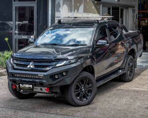 triton bull bar, front bar, front bumper bar, supreme x-series front bar for Mitsubishi Triton MR with light bar, cube lights, indicator, fog lights, bash plate, recovery points, winch compatible full bumper replacement with colour coded