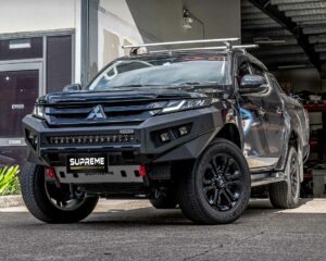 triton bull bar, front bar, front bumper bar, supreme x-series front bar for Mitsubishi Triton MR with light bar, cube lights, indicator, fog lights, bash plate, recovery points, winch compatible full bumper replacement with colour coded