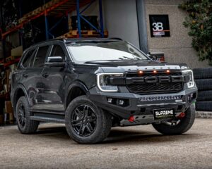 bull bar, front bar, front bumper bar, supreme x-series front bar for Ford Next GEN Everest with light bar, cube lights, indicator, fog lights, bash plate, recovery points, winch compatible full bumper replacement