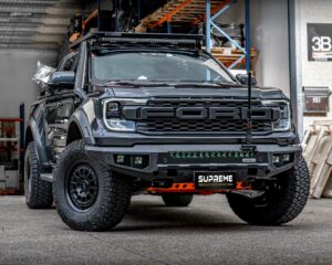 next gen raptor bull bar, front bar, front bumper bar, supreme x-series front bar for Ford Next GEN Raptor with light bar, cube lights, indicator, fog lights, bash plate, recovery points, winch compatible full bumper replacement