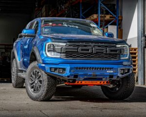 next gen raptor bull bar, front bar, front bumper bar, supreme x-series front bar for Ford Next GEN Raptor with light bar, cube lights, indicator, fog lights, bash plate, recovery points, winch compatible full bumper replacement