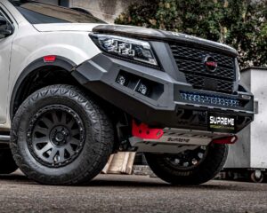 np300 bull bar, front bar, front bumper bar, supreme x-series front bar for Nissan Navara Pro4x with light bar, cube lights, indicator, fog lights, bash plate, recovery points, winch compatible full bumper replacement