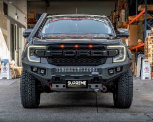 next gen ranger bull bar, front bar, front bumper bar, supreme x-series front bar for ford next gen ranger wildtrak everest with light bar, cube lights, indicator, fog lights, bash plate, recovery points, winch compatible full bumper replacement