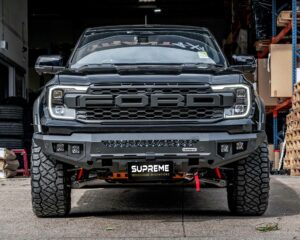 next gen raptor bull bar, front bar, front bumper bar, supreme x-series front bar for Ford Next GEN Raptor with light bar, cube lights, indicator, fog lights, bash plate, recovery points, winch compatible full bumper replacement