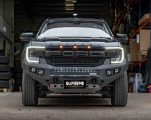 bull bar, front bar, front bumper bar, supreme x-series front bar for Ford Next GEN Everest with light bar, cube lights, indicator, fog lights, bash plate, recovery points, winch compatible full bumper replacement