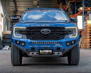 bull bar, front bar, front bumper bar, supreme x-series front bar for Ford Next GEN Everest with light bar, cube lights, indicator, fog lights, bash plate, recovery points, winch compatible full bumper replacement Colour Coded