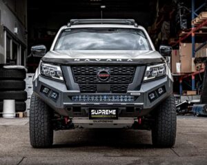 np300 bull bar, front bar, front bumper bar, supreme x-series front bar for Nissan Navara Pro4x with light bar, cube lights, indicator, fog lights, bash plate, recovery points, winch compatible full bumper replacement