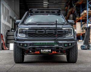 next gen raptor bull bar, front bar, front bumper bar, supreme x-series front bar for Ford Next GEN Raptor with light bar, cube lights, indicator, fog lights, bash plate, recovery points, winch compatible full bumper replacement