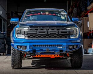 next gen raptor bull bar, front bar, front bumper bar, supreme x-series front bar for Ford Next GEN Raptor with light bar, cube lights, indicator, fog lights, bash plate, recovery points, winch compatible full bumper replacement