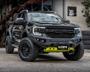 next gen ranger bull bar, front bar, front bumper bar, supreme x-series front bar for Ford Next GEN Ranger with light bar, cube lights, indicator, fog lights, bash plate, recovery points, winch compatible full bumper replacement Colour Coded