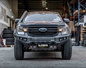 next gen ranger bull bar, front bar, front bumper bar, supreme x-series front bar for ford next gen ranger wildtrak everest with light bar, cube lights, indicator, fog lights, bash plate, recovery points, winch compatible full bumper replacement