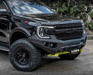 next gen ranger bull bar, front bar, front bumper bar, supreme x-series front bar for Ford Next GEN Ranger with light bar, cube lights, indicator, fog lights, bash plate, recovery points, winch compatible full bumper replacement Colour Coded