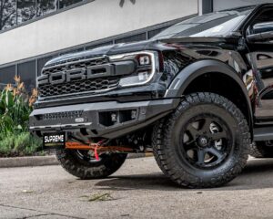 next gen raptor bull bar, front bar, front bumper bar, supreme x-series front bar for Ford Next GEN Raptor with light bar, cube lights, indicator, fog lights, bash plate, recovery points, winch compatible full bumper replacement
