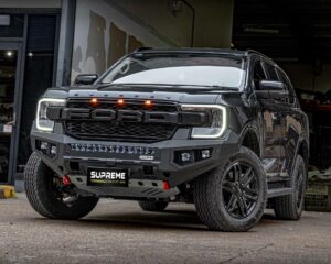 bull bar, front bar, front bumper bar, supreme x-series front bar for Ford Next GEN Everest with light bar, cube lights, indicator, fog lights, bash plate, recovery points, winch compatible full bumper replacement