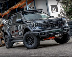 next gen raptor bull bar, front bar, front bumper bar, supreme x-series front bar for Ford Next GEN Raptor with light bar, cube lights, indicator, fog lights, bash plate, recovery points, winch compatible full bumper replacement