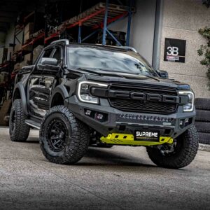 next gen ranger bull bar, front bar, front bumper bar, supreme x-series front bar for Ford Next GEN Ranger with light bar, cube lights, indicator, fog lights, bash plate, recovery points, winch compatible full bumper replacement Colour Coded