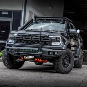 next gen raptor bull bar, front bar, front bumper bar, supreme x-series front bar for Ford Next GEN Raptor with light bar, cube lights, indicator, fog lights, bash plate, recovery points, winch compatible full bumper replacement