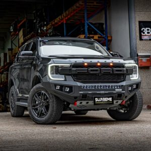 bull bar, front bar, front bumper bar, supreme x-series front bar for Ford Next GEN Everest with light bar, cube lights, indicator, fog lights, bash plate, recovery points, winch compatible full bumper replacement