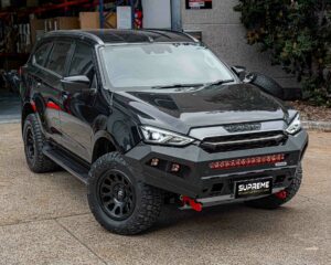 mux bull bar, front bar, front bumper bar, supreme x-series front bar for Isuzu MUX with light bar, cube lights, indicator, fog lights, bash plate, recovery points, winch compatible full bumper replacement