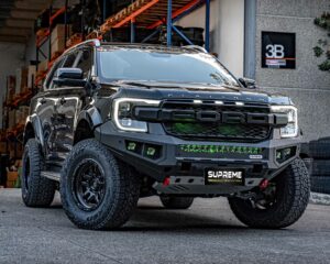 bull bar, front bar, front bumper bar, supreme x-series front bar for Ford Next GEN Everest with light bar, cube lights, indicator, fog lights, bash plate, recovery points, winch compatible full bumper replacement