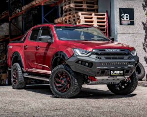 dmax bull bar, front bar, front bumper bar, supreme x-series front bar for Isuzu DMAX with light bar, cube lights, indicator, fog lights, bash plate, recovery points, winch compatible full bumper replacement