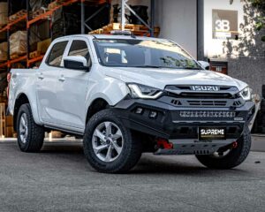 dmax bull bar, front bar, front bumper bar, supreme x-series front bar for Isuzu DMAX with light bar, cube lights, indicator, fog lights, bash plate, recovery points, winch compatible full bumper replacement
