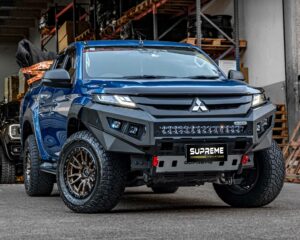 triton bull bar, front bar, front bumper bar, supreme x-series front bar for Mitsubishi Triton MR with light bar, cube lights, indicator, fog lights, bash plate, recovery points, winch compatible full bumper replacement with colour coded