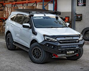 mux bull bar, front bar, front bumper bar, supreme x-series front bar for Isuzu MUX with light bar, cube lights, indicator, fog lights, bash plate, recovery points, winch compatible full bumper replacement
