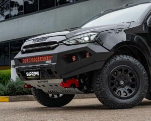 mux bull bar, front bar, front bumper bar, supreme x-series front bar for Isuzu MUX with light bar, cube lights, indicator, fog lights, bash plate, recovery points, winch compatible full bumper replacement