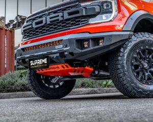 next gen raptor bull bar, front bar, front bumper bar, supreme x-series front bar for Ford Next GEN Raptor with light bar, cube lights, indicator, fog lights, bash plate, recovery points, winch compatible full bumper replacement