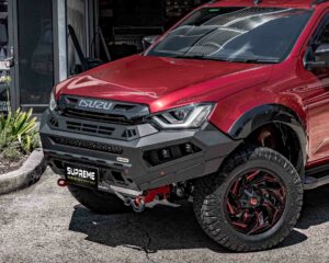 dmax bull bar, front bar, front bumper bar, supreme x-series front bar for Isuzu DMAX with light bar, cube lights, indicator, fog lights, bash plate, recovery points, winch compatible full bumper replacement
