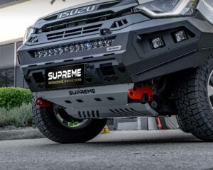 dmax bull bar, front bar, front bumper bar, supreme x-series front bar for Isuzu DMAX with light bar, cube lights, indicator, fog lights, bash plate, recovery points, winch compatible full bumper replacement
