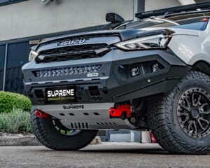 mux bull bar, front bar, front bumper bar, supreme x-series front bar for Isuzu MUX with light bar, cube lights, indicator, fog lights, bash plate, recovery points, winch compatible full bumper replacement