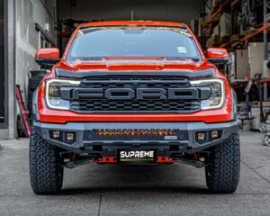 next gen raptor bull bar, front bar, front bumper bar, supreme x-series front bar for Ford Next GEN Raptor with light bar, cube lights, indicator, fog lights, bash plate, recovery points, winch compatible full bumper replacement