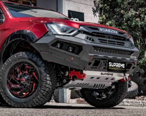 dmax bull bar, front bar, front bumper bar, supreme x-series front bar for Isuzu DMAX with light bar, cube lights, indicator, fog lights, bash plate, recovery points, winch compatible full bumper replacement