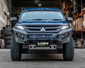 triton bull bar, front bar, front bumper bar, supreme x-series front bar for Mitsubishi Triton MR with light bar, cube lights, indicator, fog lights, bash plate, recovery points, winch compatible full bumper replacement with colour coded