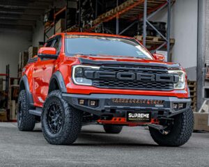 next gen raptor bull bar, front bar, front bumper bar, supreme x-series front bar for Ford Next GEN Raptor with light bar, cube lights, indicator, fog lights, bash plate, recovery points, winch compatible full bumper replacement