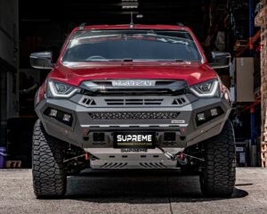dmax bull bar, front bar, front bumper bar, supreme x-series front bar for Isuzu DMAX with light bar, cube lights, indicator, fog lights, bash plate, recovery points, winch compatible full bumper replacement
