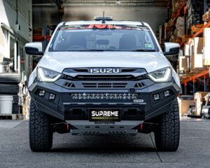 dmax bull bar, front bar, front bumper bar, supreme x-series front bar for Isuzu DMAX with light bar, cube lights, indicator, fog lights, bash plate, recovery points, winch compatible full bumper replacement
