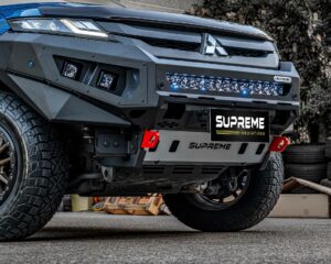 triton bull bar, front bar, front bumper bar, supreme x-series front bar for Mitsubishi Triton MR with light bar, cube lights, indicator, fog lights, bash plate, recovery points, winch compatible full bumper replacement with colour coded