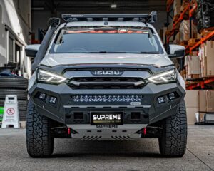 mux bull bar, front bar, front bumper bar, supreme x-series front bar for Isuzu MUX with light bar, cube lights, indicator, fog lights, bash plate, recovery points, winch compatible full bumper replacement