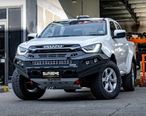 dmax bull bar, front bar, front bumper bar, supreme x-series front bar for Isuzu DMAX with light bar, cube lights, indicator, fog lights, bash plate, recovery points, winch compatible full bumper replacement