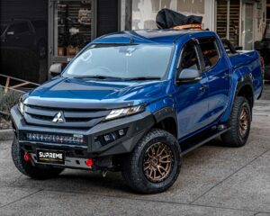 triton bull bar, front bar, front bumper bar, supreme x-series front bar for Mitsubishi Triton MR with light bar, cube lights, indicator, fog lights, bash plate, recovery points, winch compatible full bumper replacement with colour coded