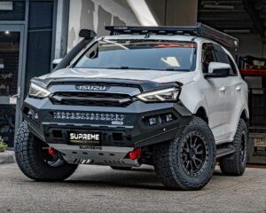 mux bull bar, front bar, front bumper bar, supreme x-series front bar for Isuzu MUX with light bar, cube lights, indicator, fog lights, bash plate, recovery points, winch compatible full bumper replacement