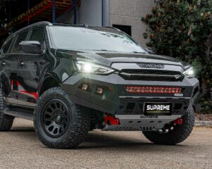 mux bull bar, front bar, front bumper bar, supreme x-series front bar for Isuzu MUX with light bar, cube lights, indicator, fog lights, bash plate, recovery points, winch compatible full bumper replacement