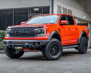 next gen raptor bull bar, front bar, front bumper bar, supreme x-series front bar for Ford Next GEN Raptor with light bar, cube lights, indicator, fog lights, bash plate, recovery points, winch compatible full bumper replacement